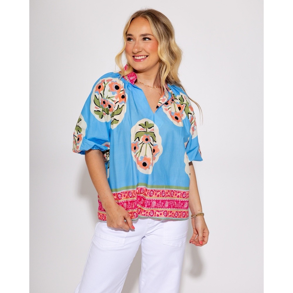 Umgee Women's Medium Floral Blouse Shirt Puff Sleeve Colorful Office Casual